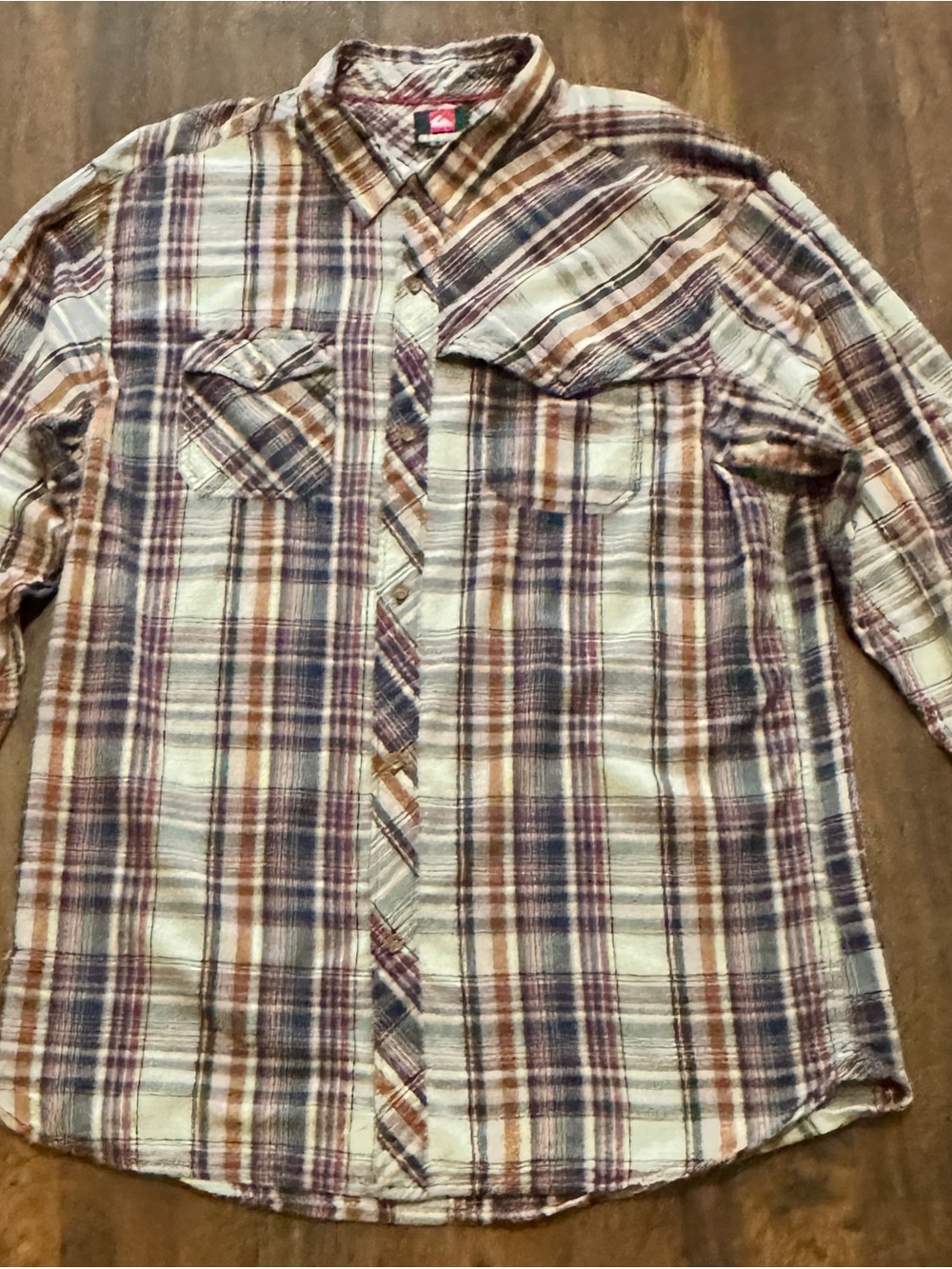 Quiksilver Cream, Brown & Blue Plaid Button-Down Shirt